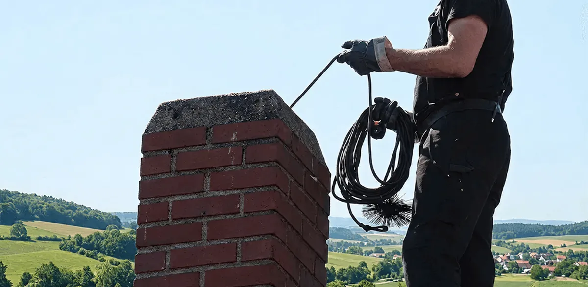 Chimney sweep inspecting and cleaning a rooftop chimney in Philadelphia, PA