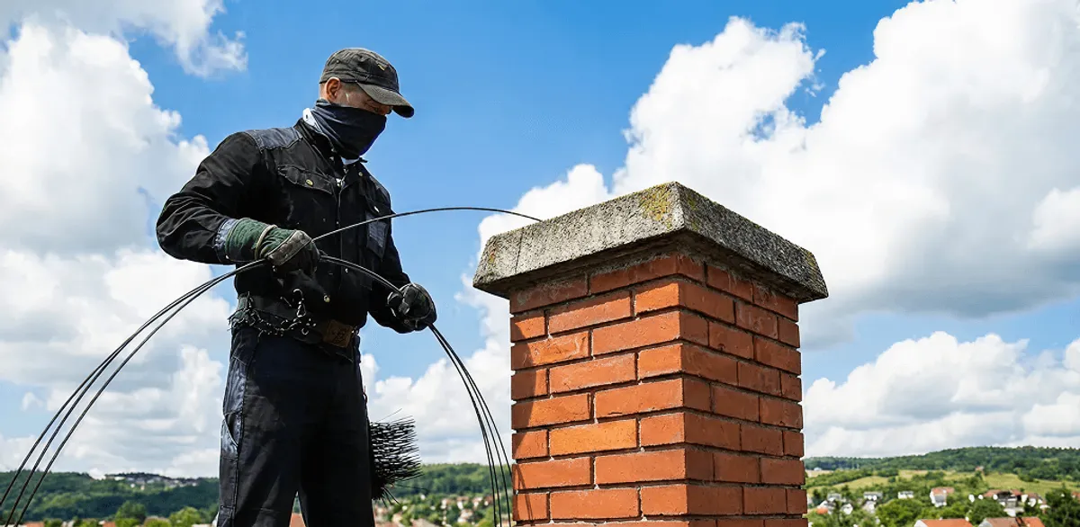 Chimney sweep cleaning a brick chimney with professional tools in Philadelphia, PA