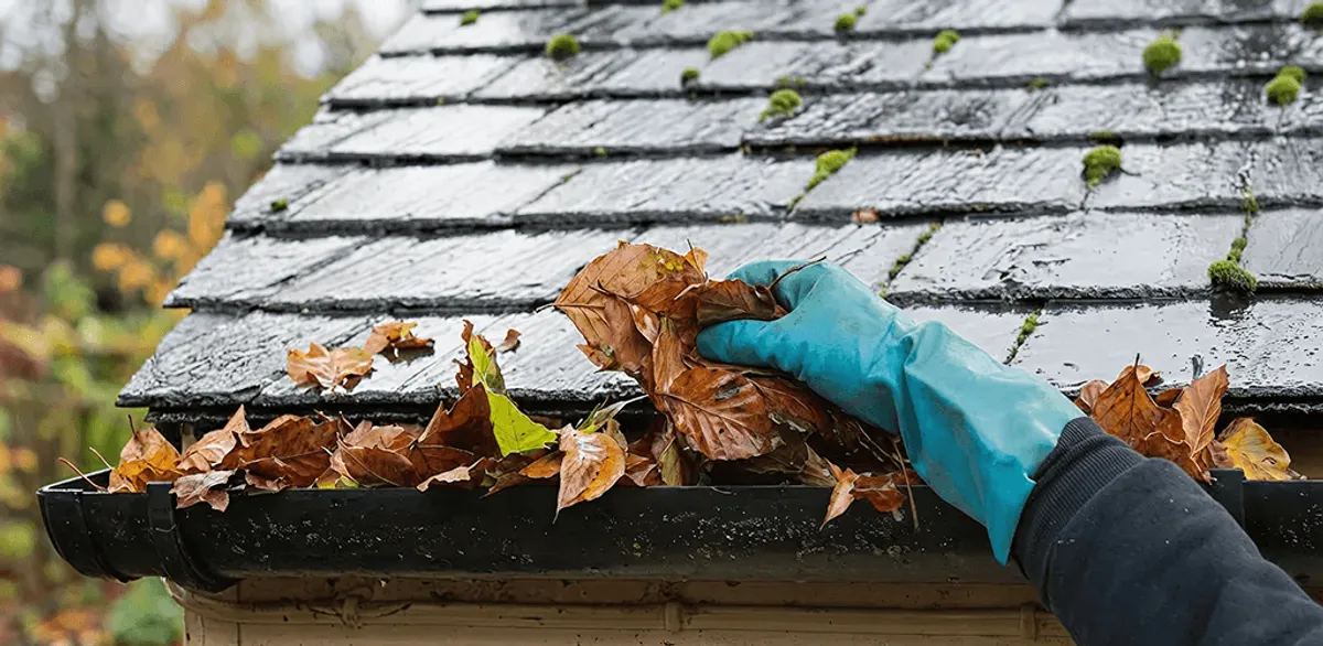 Gutter cleaning technician clearing wet leaves from roof gutters in Philadelphia, PA
